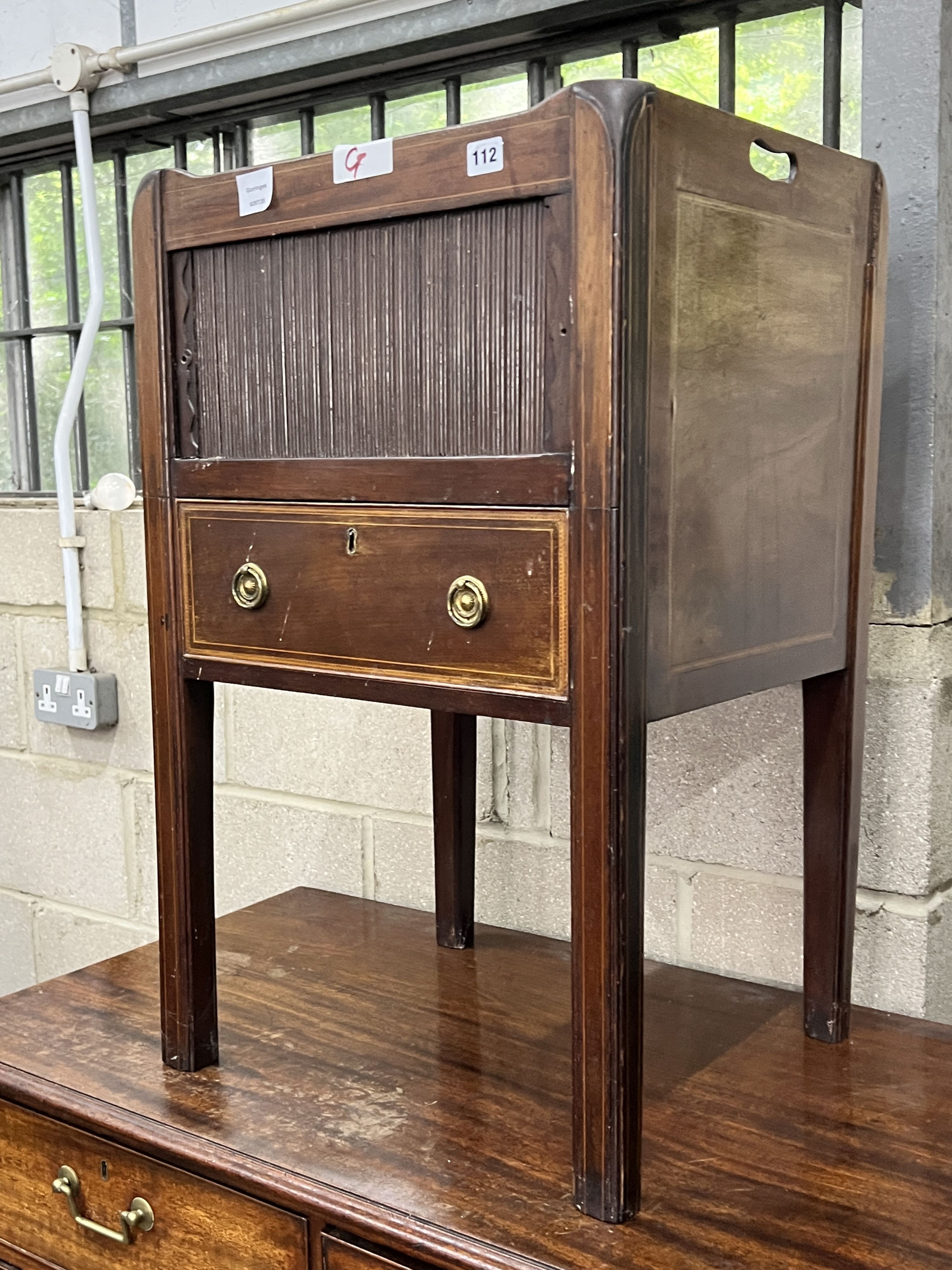 A George III mahogany tray top tambour bedside cabinet, width 51cm, depth 43cm, height 80cm